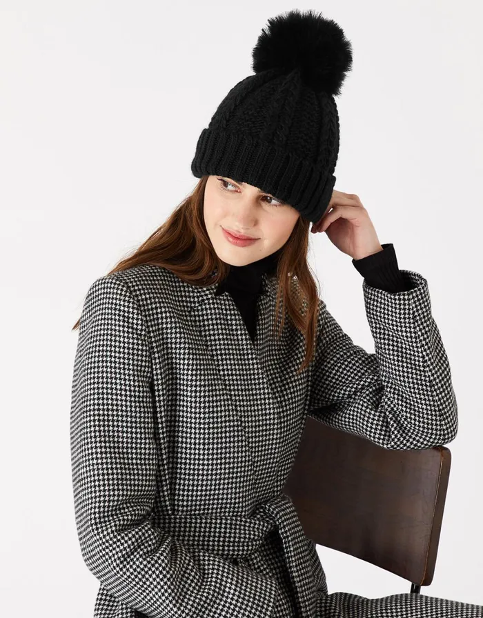 Accessorize Chunky Knit PomPom Beanie Black Women Hats