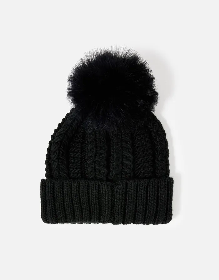 Accessorize Chunky Knit PomPom Beanie Black Women Hats
