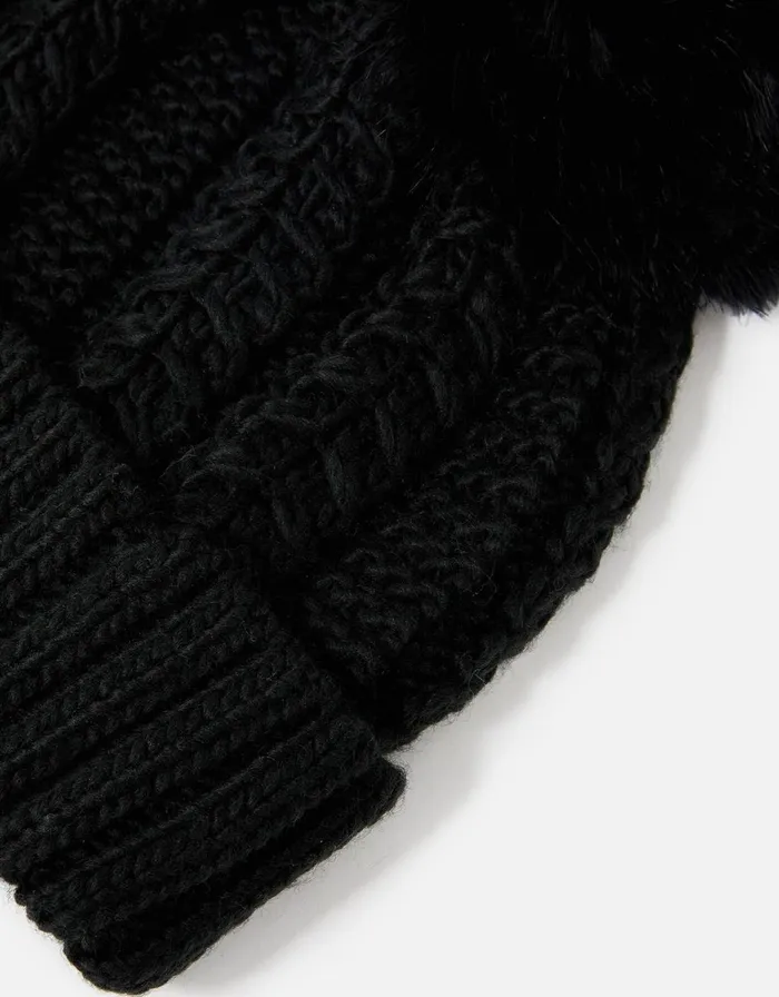 Accessorize Chunky Knit PomPom Beanie Black Women Hats