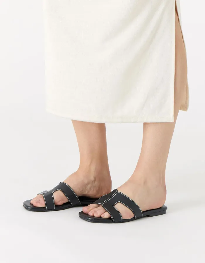 Accessorize Contrast Stitch Leather Sandals Black Black Women Sandals and Flip Flops