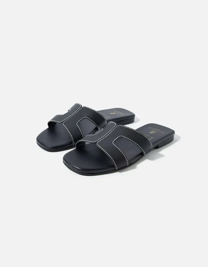 Accessorize Contrast Stitch Leather Sandals Black Black Women Sandals and Flip Flops