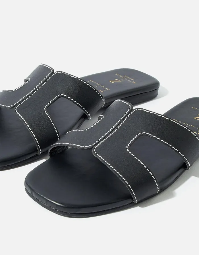 Accessorize Contrast Stitch Leather Sandals Black Black Women Sandals and Flip Flops