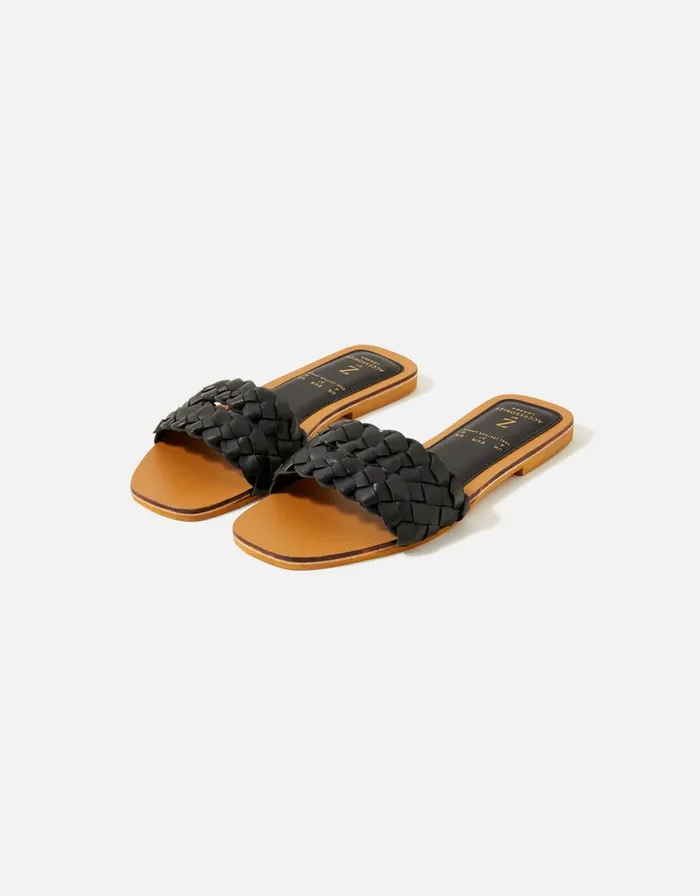 Accessorize Double Plaited Leather Sliders Black Black Women Sandals and Flip Flops