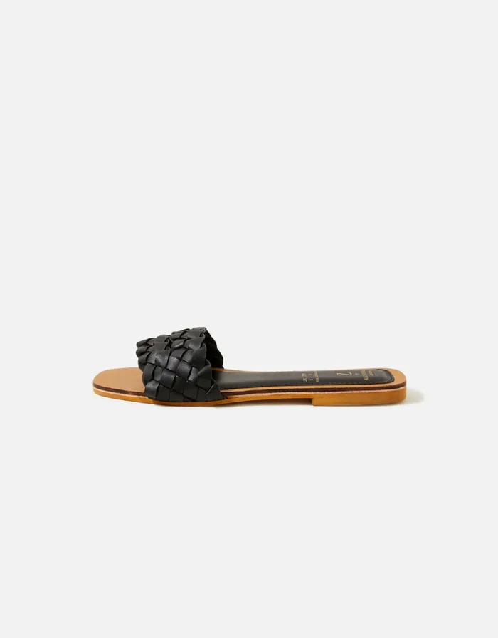 Accessorize Double Plaited Leather Sliders Black Black Women Sandals and Flip Flops
