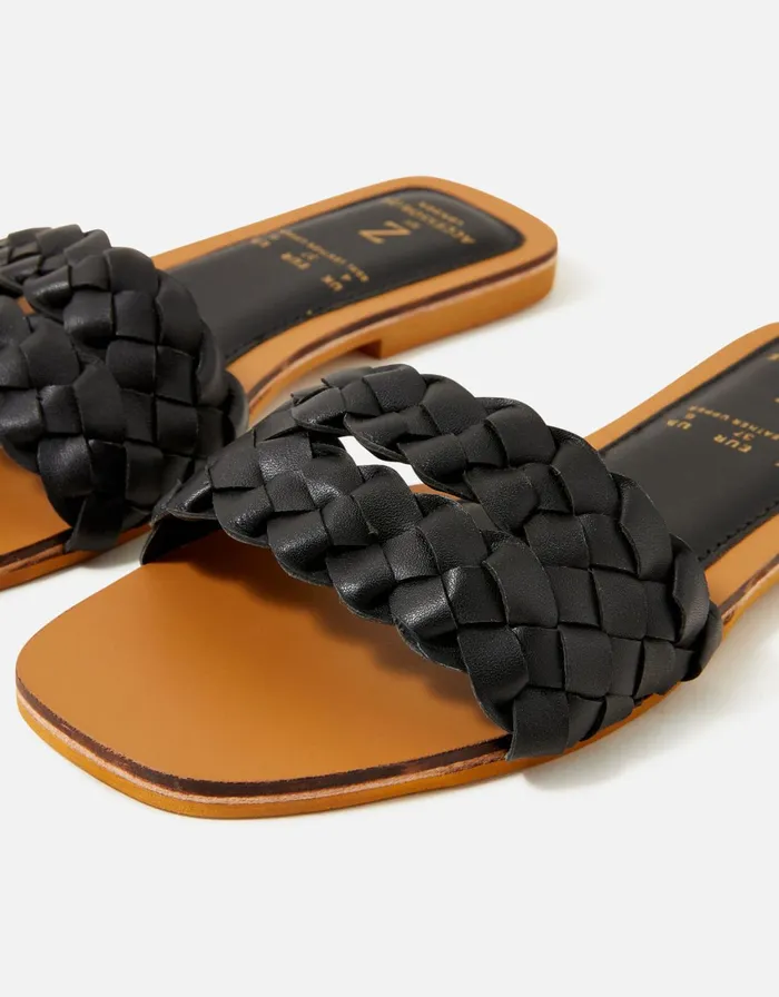 Accessorize Double Plaited Leather Sliders Black Black Women Sandals and Flip Flops