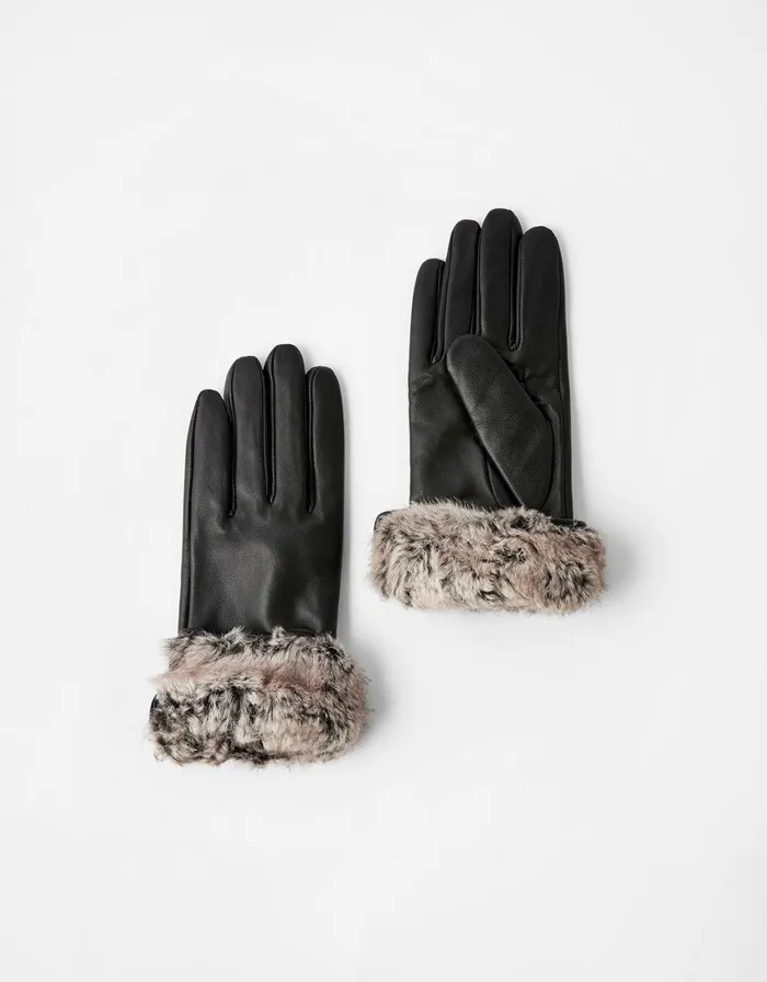 Accessorize Faux Fur Trim Leather Gloves Black Black Women Gloves