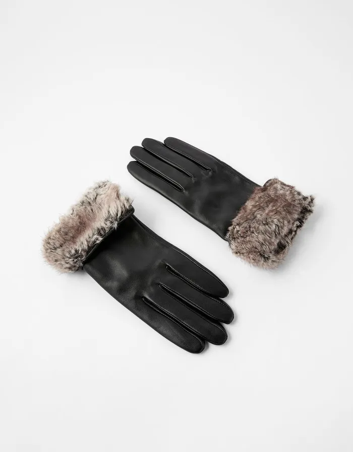 Accessorize Faux Fur Trim Leather Gloves Black Black Women Gloves