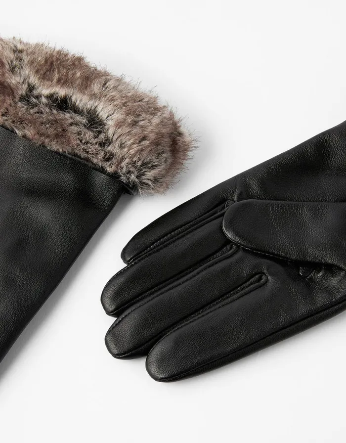 Accessorize Faux Fur Trim Leather Gloves Black Black Women Gloves