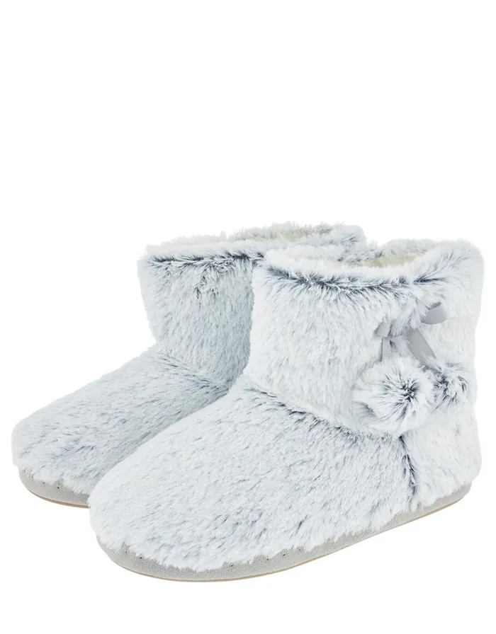 Accessorize Fluffy PomPom Slipper Boots Grey Grey Women Slippers