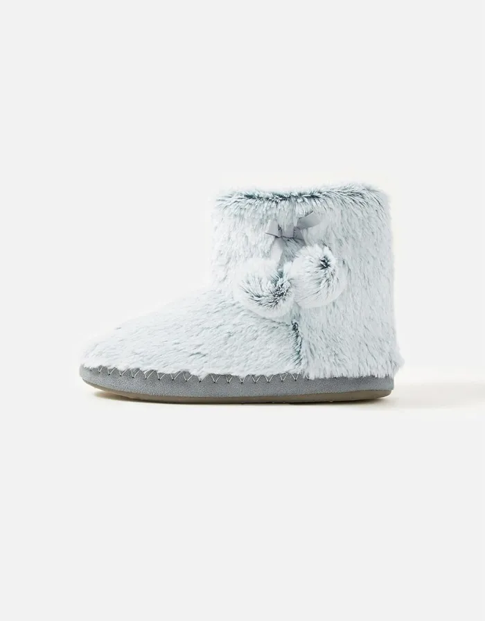 Accessorize Fluffy PomPom Slipper Boots Grey Grey Women Slippers