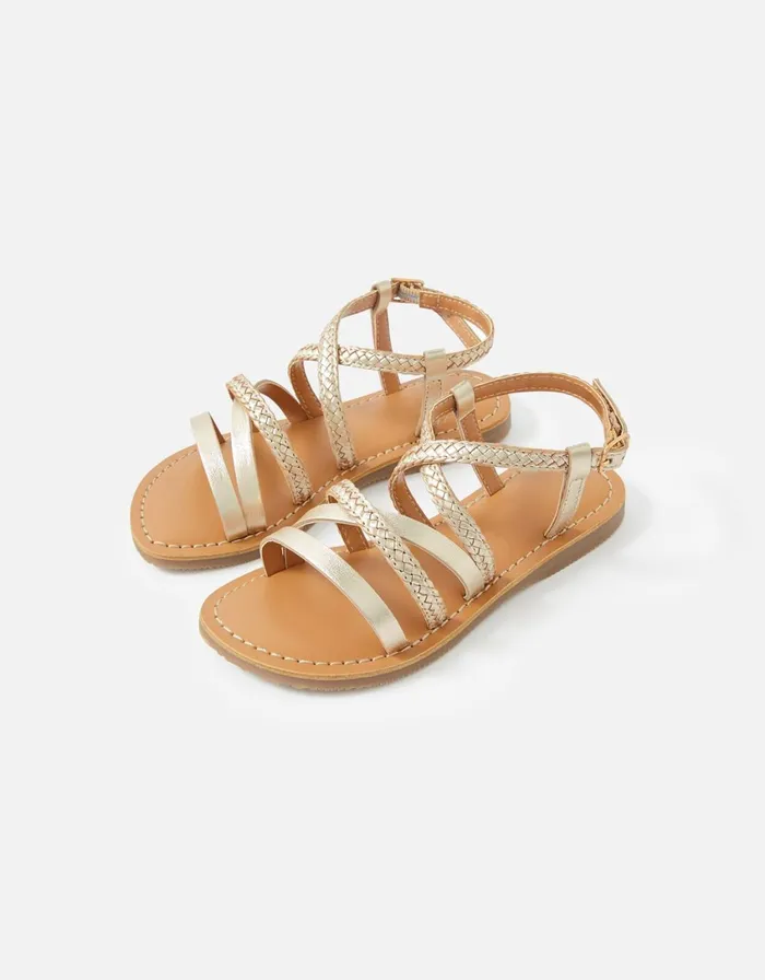 Accessorize Girls Leather Plaited Strappy Sandals Gold Gold Girls Shoes