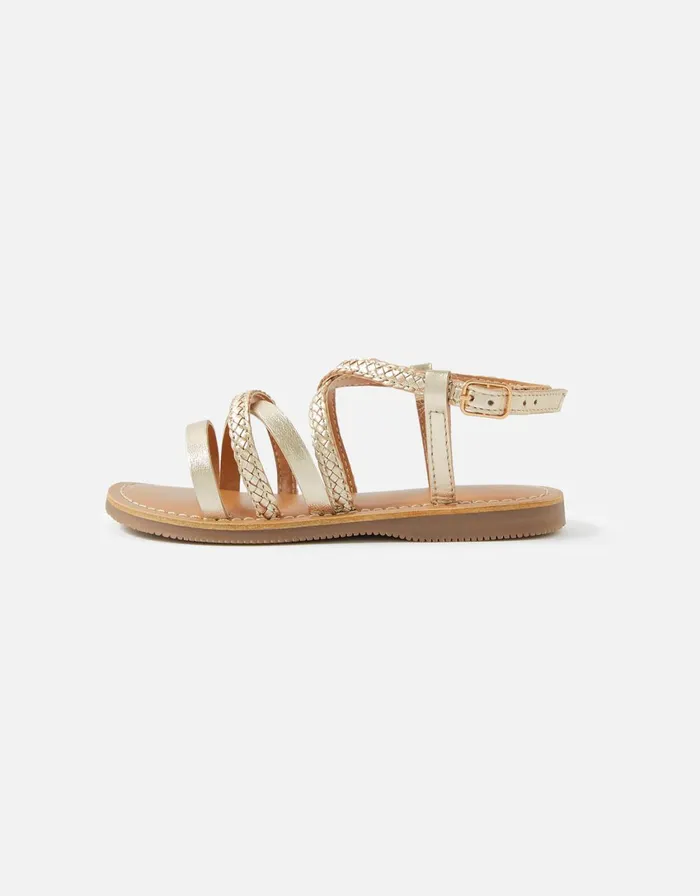 Accessorize Girls Leather Plaited Strappy Sandals Gold Gold Girls Shoes