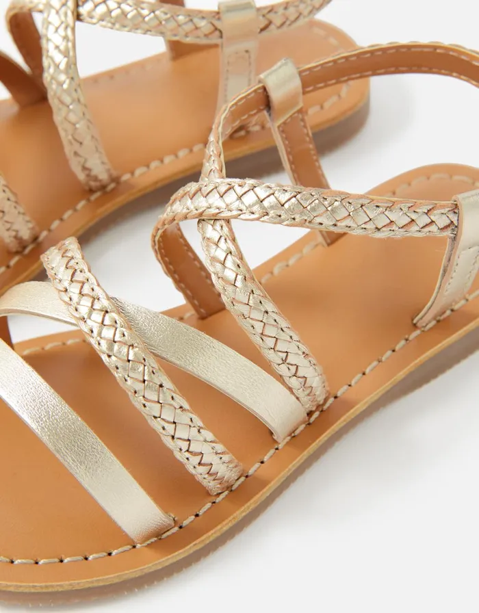 Accessorize Girls Leather Plaited Strappy Sandals Gold Gold Girls Shoes