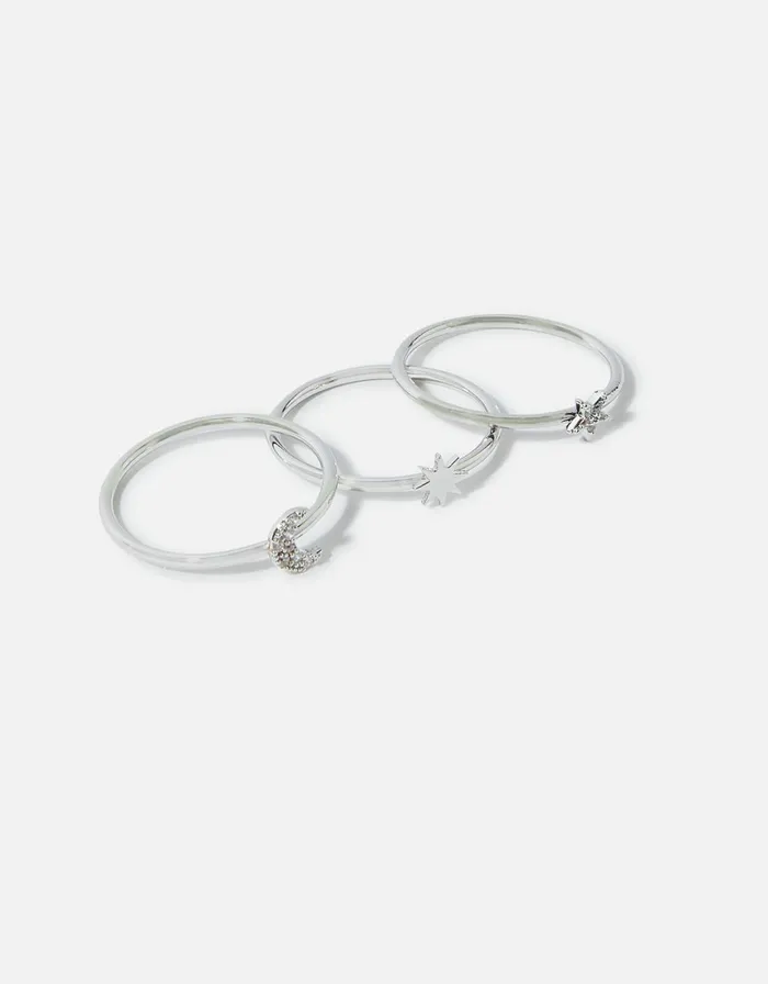 Accessorize PlatinumPlated Celestial Band Stacking Ring Set Silver Silver Women Rings