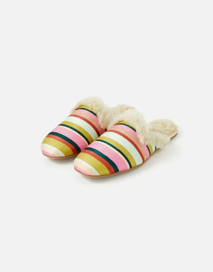 Accessorize Stripe Embroidered Faux Fur Slippers Multi Brightsmulti Women Slippers