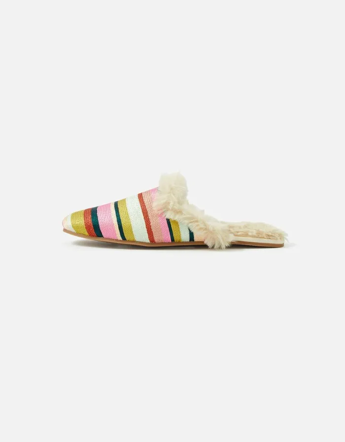 Accessorize Stripe Embroidered Faux Fur Slippers Multi Brightsmulti Women Slippers
