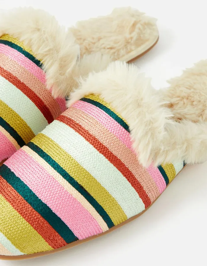 Accessorize Stripe Embroidered Faux Fur Slippers Multi Brightsmulti Women Slippers