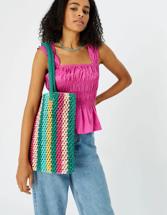 Accessorize Stripe Macrame Shopper Bag Women Beach Bags