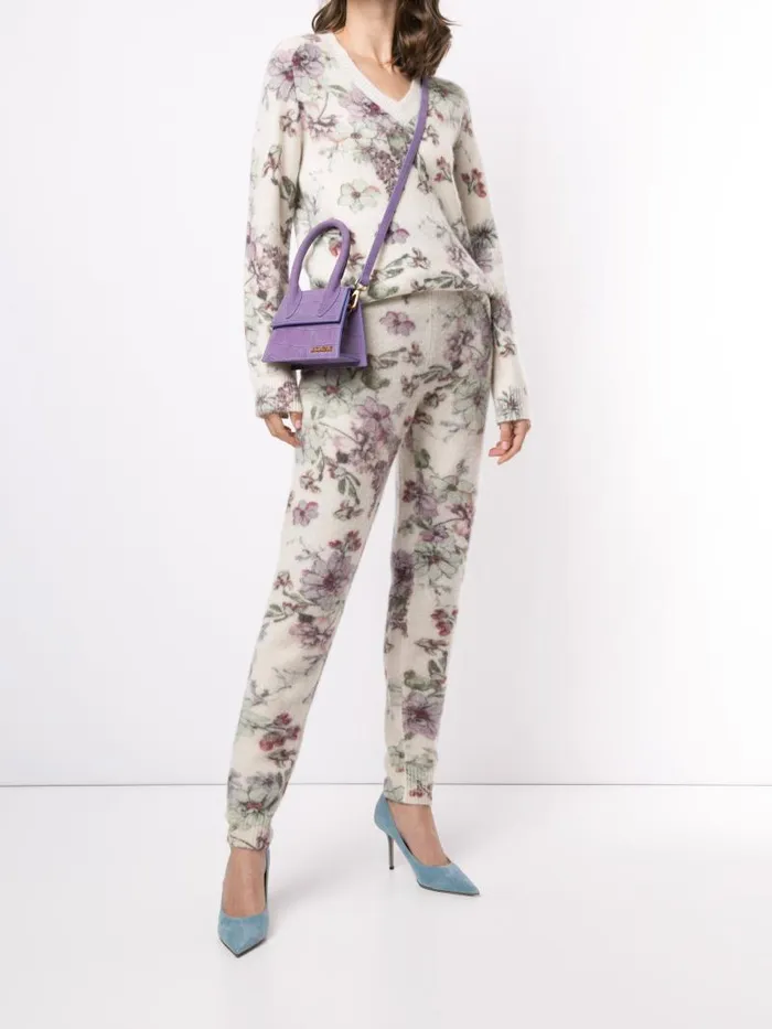 Adam Lippes Sweaters Jogger Sweatpant In Printed Silk Cashmere White Floral 8211 Women