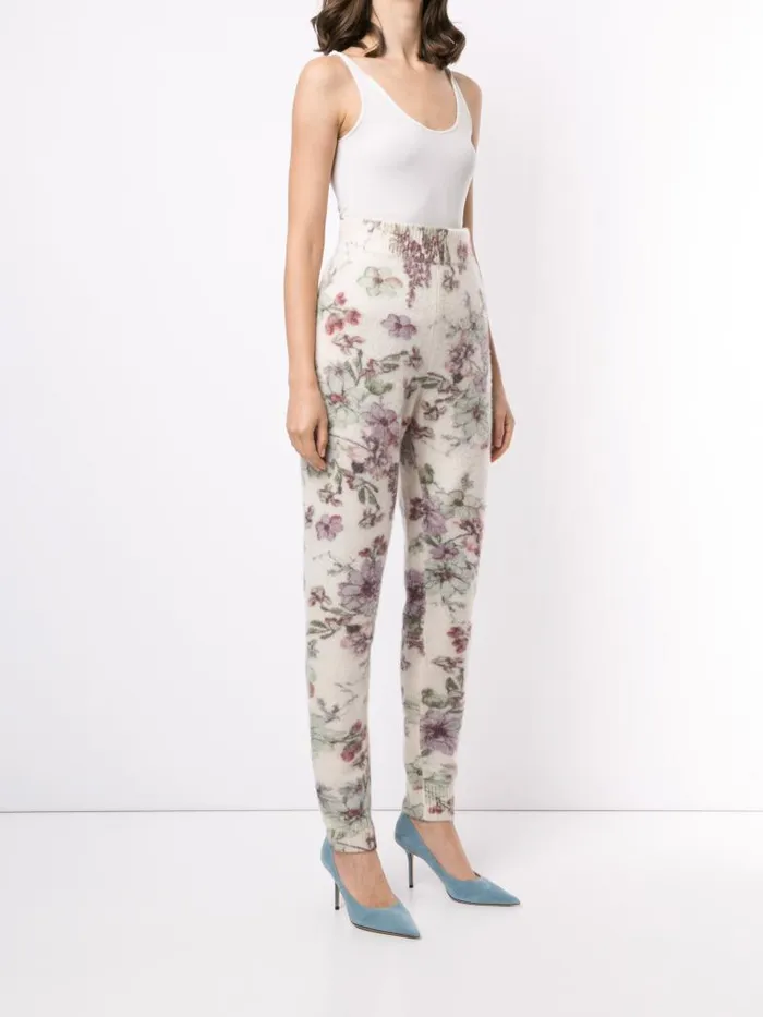 Adam Lippes Sweaters Jogger Sweatpant In Printed Silk Cashmere White Floral 8211 Women
