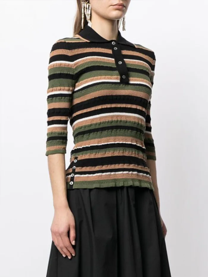 Adam Lippes Sweaters Short Sleeve Polo Sweater In Cotton Crepe Black Multi Stripe 8211 Women