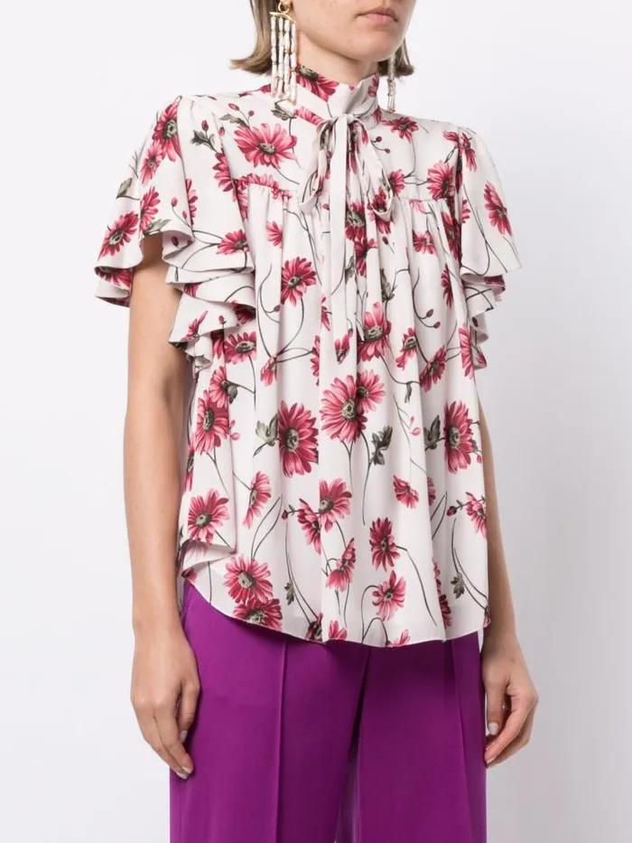 Adam Lippes Tops Flounce Sleeve Top In Printed Georgette White Daisy 8211 Women