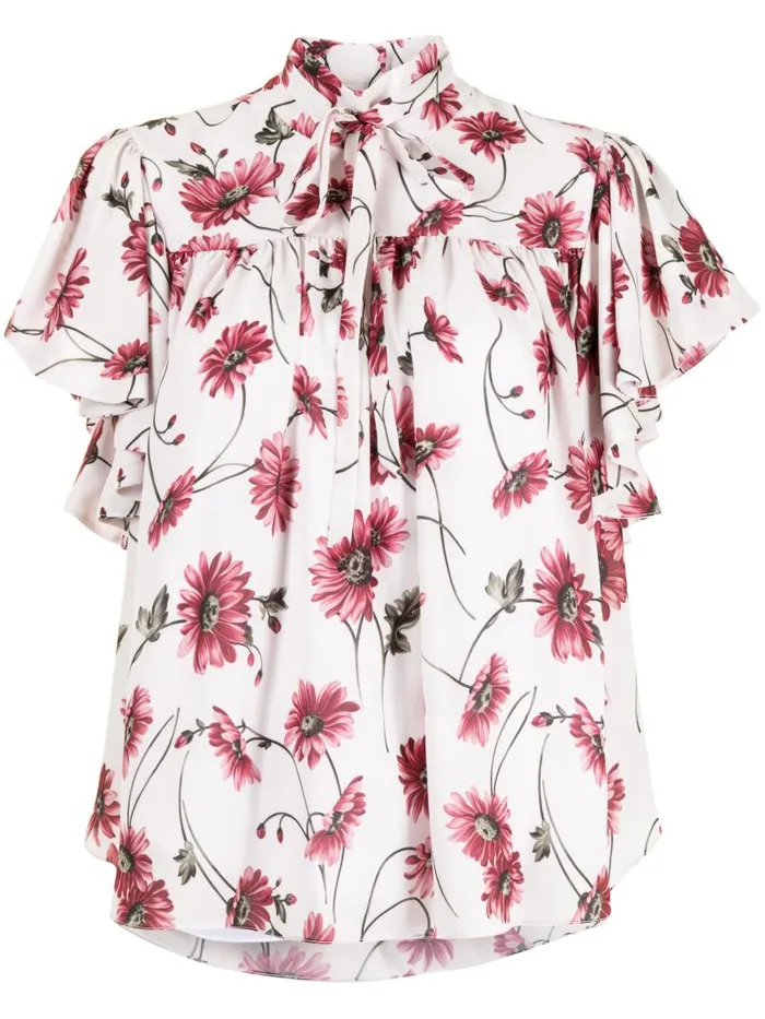 Adam Lippes Tops Flounce Sleeve Top In Printed Georgette White Daisy 8211 Women