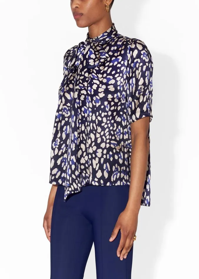Adam Lippes Tops Pleat Neck Blouse In Printed Charmeuse Blue Leopard 8211 Women