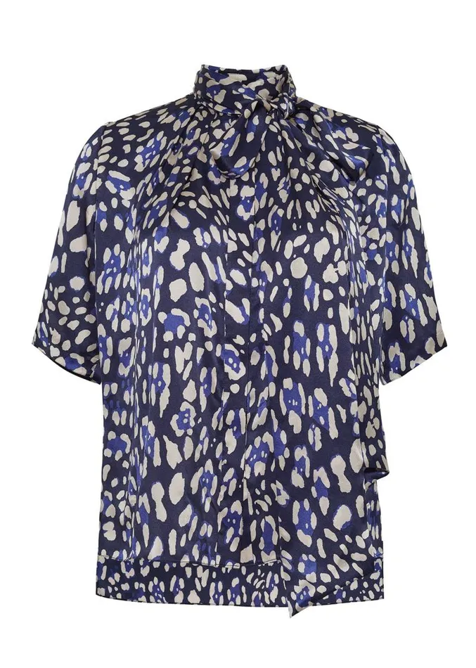 Adam Lippes Tops Pleat Neck Blouse In Printed Charmeuse Blue Leopard 8211 Women