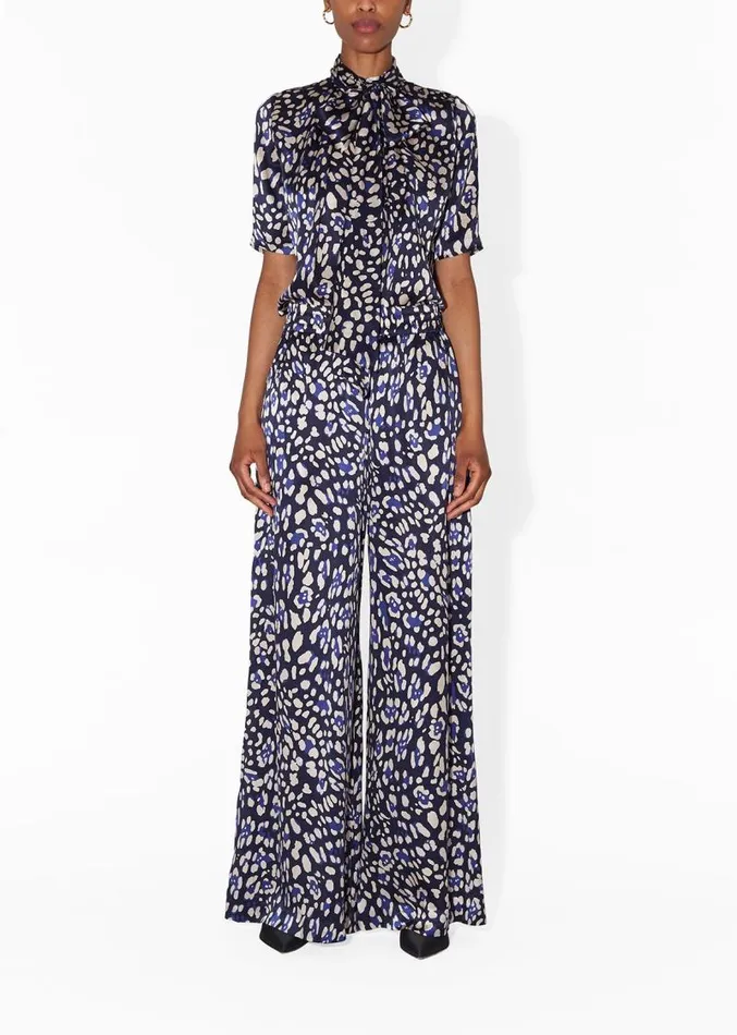 Adam Lippes Tops Pleat Neck Blouse In Printed Charmeuse Blue Leopard 8211 Women