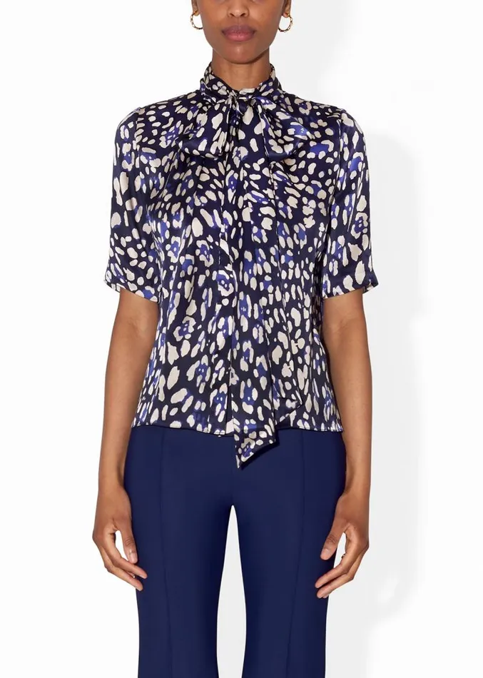 Adam Lippes Tops Pleat Neck Blouse In Printed Charmeuse Blue Leopard 8211 Women