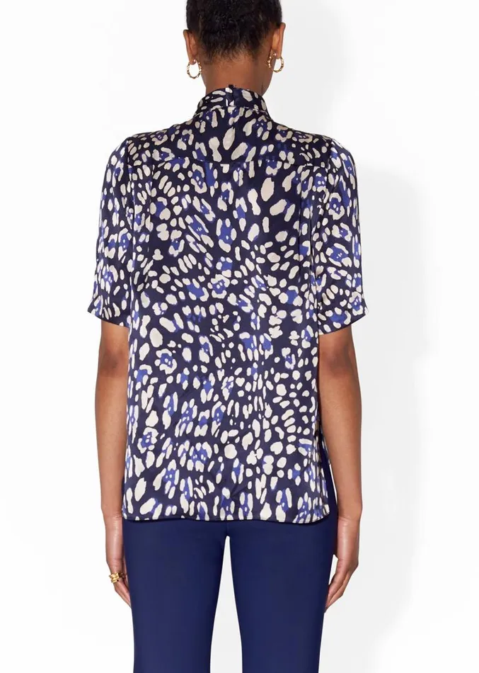 Adam Lippes Tops Pleat Neck Blouse In Printed Charmeuse Blue Leopard 8211 Women