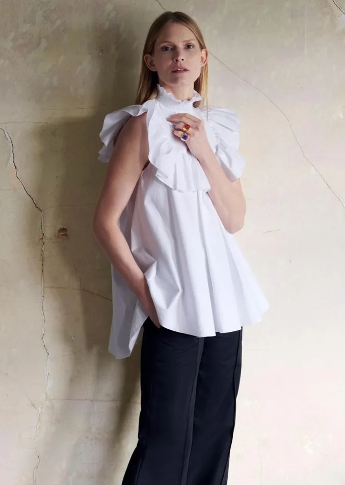 Adam Lippes Tops Sleeveless Smocked Neck Top In Cotton Shirting White 8211 Women