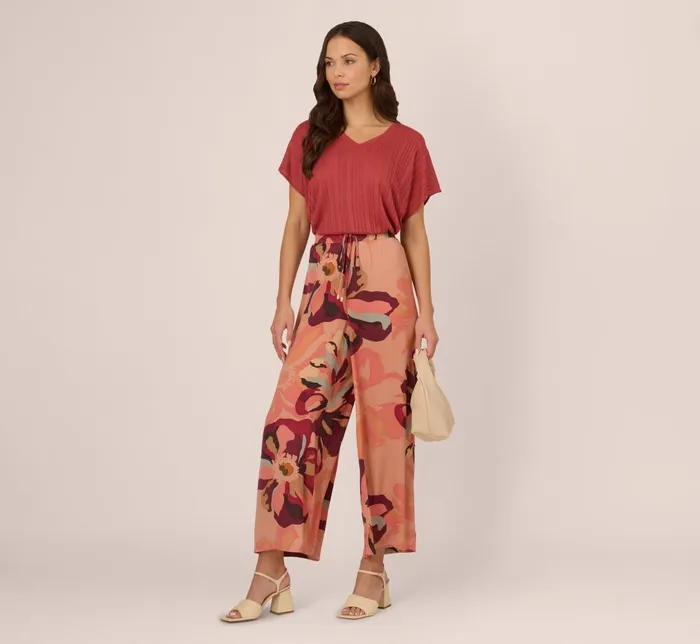 Adrianna Papell Coord Sets Tropical Floral Print Wide Leg Pants With Drawstring Waist In Deepburgundylargesunsetfloral 8211 Women