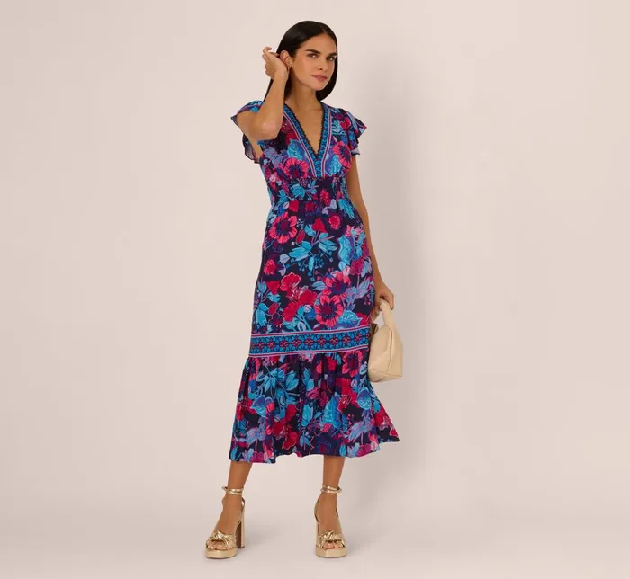 Adrianna Papell Day Dresses Bright Floral Print Midi Dress With Flutter Sleeves In Navy Pink Multi 8211 Women