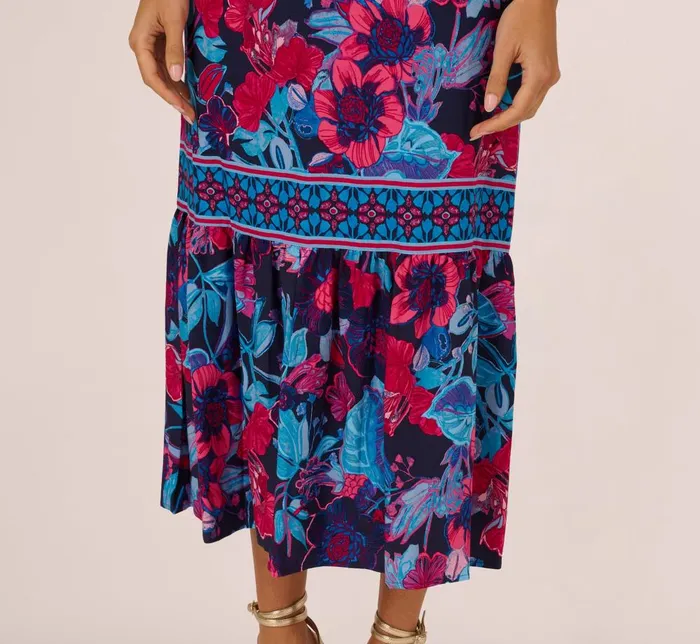 Adrianna Papell Day Dresses Bright Floral Print Midi Dress With Flutter Sleeves In Navy Pink Multi 8211 Women