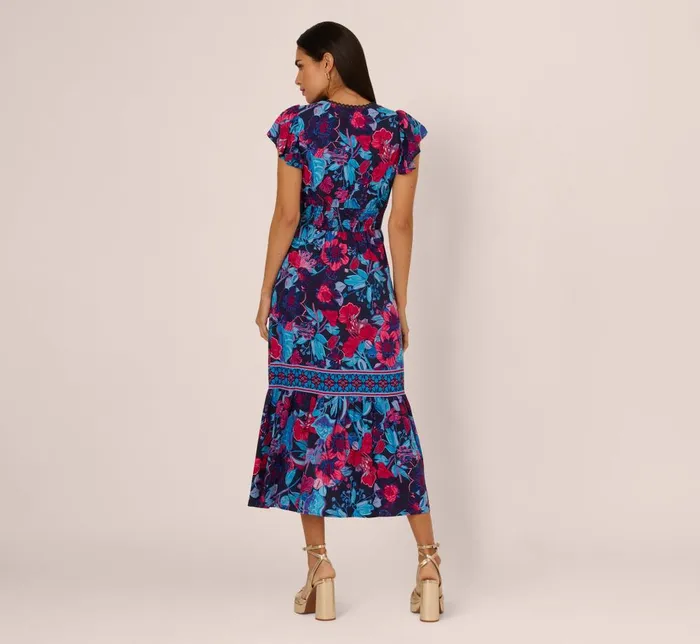 Adrianna Papell Day Dresses Bright Floral Print Midi Dress With Flutter Sleeves In Navy Pink Multi 8211 Women