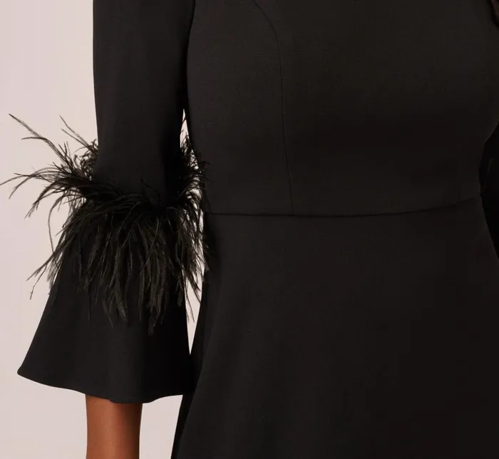 Adrianna Papell Day Dresses Crepe ALine Dress With FeatherTrimmed Sleeves In Black 8211 Women