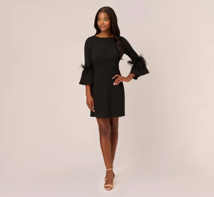 Adrianna Papell Day Dresses Crepe ALine Dress With FeatherTrimmed Sleeves In Black 8211 Women