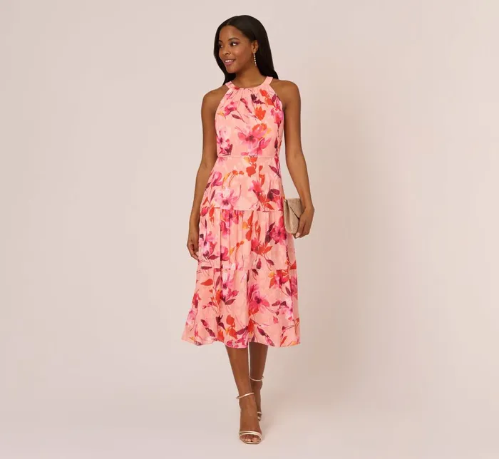 Adrianna Papell Day Dresses Floral Chiffon Halter Dress With Tiered Skirt In Apricot Multi 8211 Women