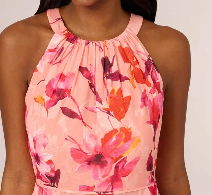 Adrianna Papell Day Dresses Floral Chiffon Halter Dress With Tiered Skirt In Apricot Multi 8211 Women