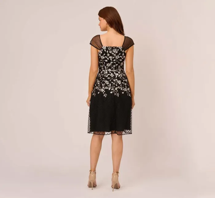 Adrianna Papell Day Dresses Floral Embroidered Midi Dress With Sheer Cap Sleeves In Black Ivory 8211 Women