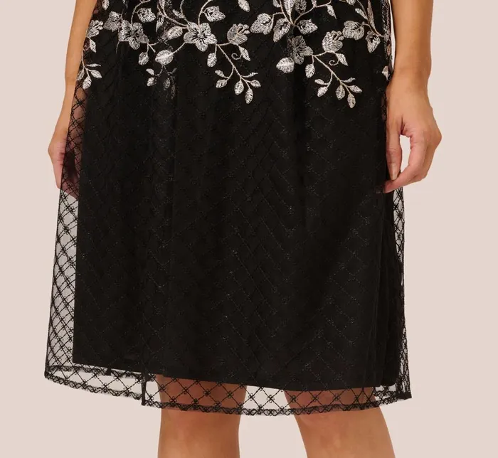 Adrianna Papell Day Dresses Floral Embroidered Midi Dress With Sheer Cap Sleeves In Black Ivory 8211 Women
