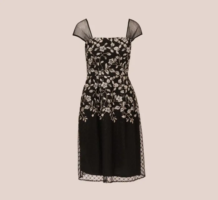 Adrianna Papell Day Dresses Floral Embroidered Midi Dress With Sheer Cap Sleeves In Black Ivory 8211 Women
