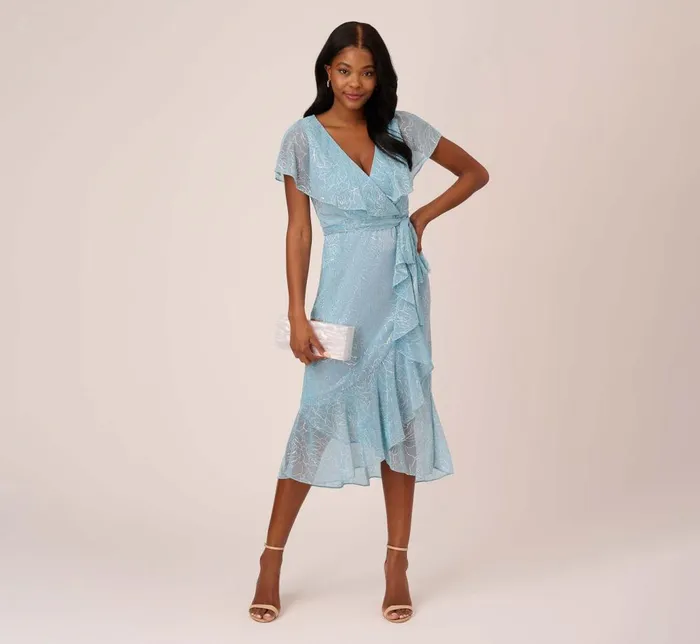 Adrianna Papell Day Dresses Floral Metallic Stencil MidiLength Mermaid Dress With Capelet In Light Blue 8211 Women