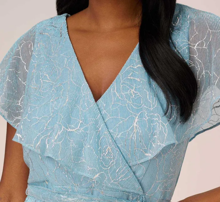 Adrianna Papell Day Dresses Floral Metallic Stencil MidiLength Mermaid Dress With Capelet In Light Blue 8211 Women