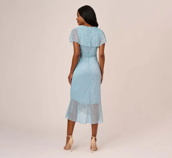Adrianna Papell Day Dresses Floral Metallic Stencil MidiLength Mermaid Dress With Capelet In Light Blue 8211 Women