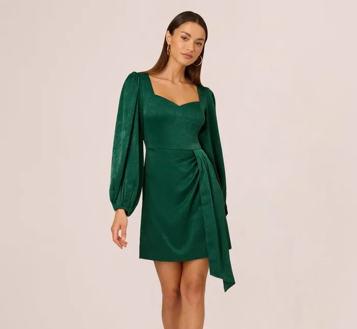 Adrianna Papell Day Dresses Long Sleeve Satin Dress With Draped Details In Dark Ivy 8211 Women