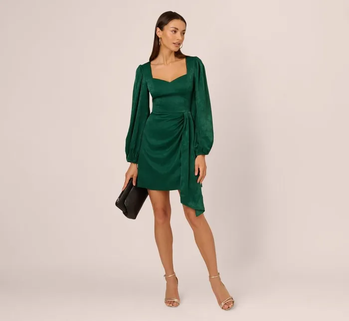 Adrianna Papell Day Dresses Long Sleeve Satin Dress With Draped Details In Dark Ivy 8211 Women
