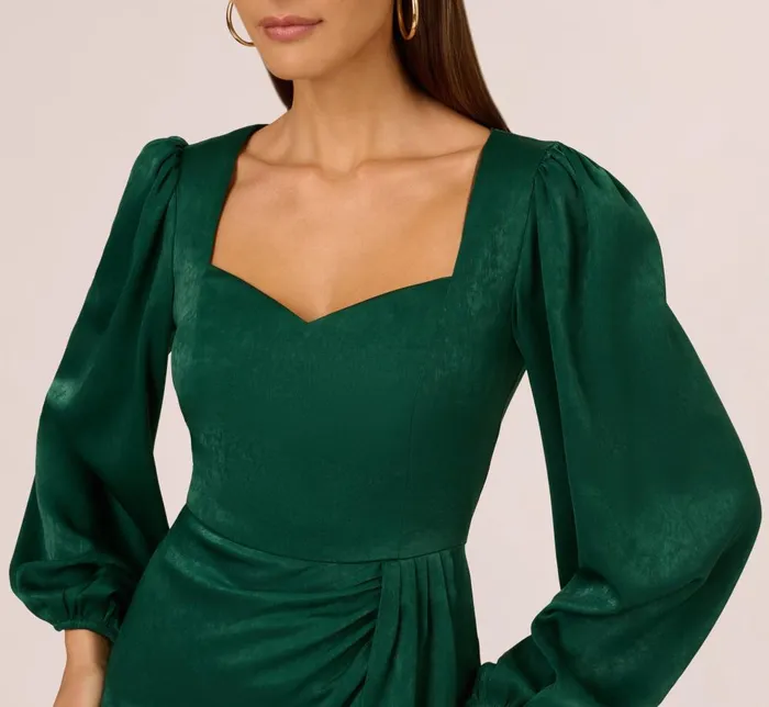 Adrianna Papell Day Dresses Long Sleeve Satin Dress With Draped Details In Dark Ivy 8211 Women